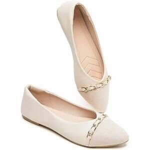 NEW BABUDOG women's pointy toe gold chain slide on dress flats shoes in tan